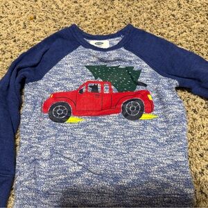 Old Navy Blue and Red Kids Shirt with Christmas Tree and Truck Design